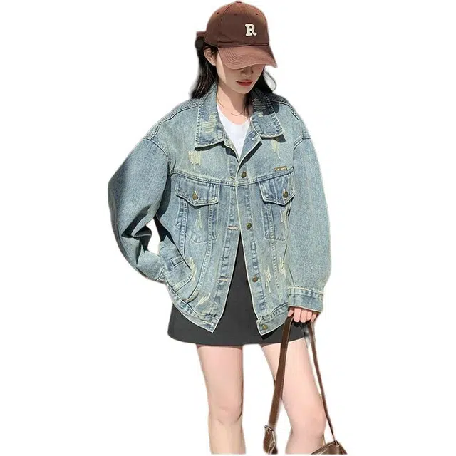 邓大喵 港风复古女春秋做旧小个子休闲时尚减龄韩版上衣牛仔外套 女款