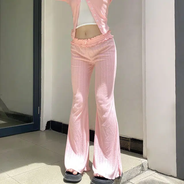 邓大喵 甜美粉色褶皱腰头拼接蝴蝶结长裤百搭居家可外穿直筒裤休闲裤 女款