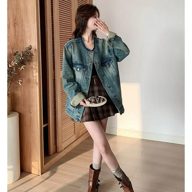 邓大喵 超好看圆领女春秋宽松港风复古做旧休闲百搭上衣牛仔外套 女款