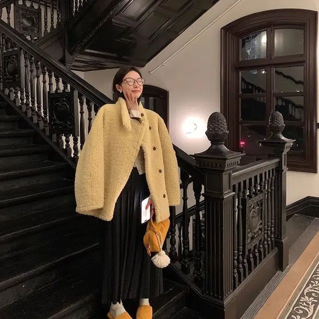 邓大喵 女皮毛一体羊羔毛外套冬季加厚立领毛毛大衣皮草 女款