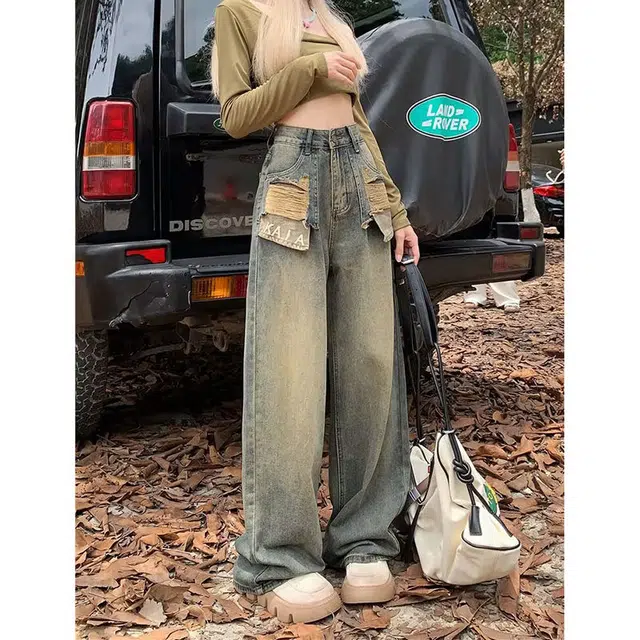 邓大喵 复古破洞女秋季不规则设计感高腰显瘦阔腿拖地长裤牛仔裤 女款