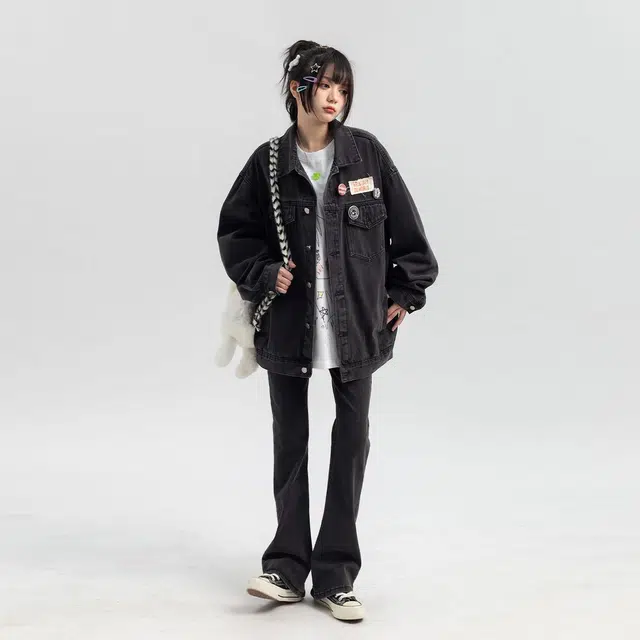邓大喵 美式复古女秋百搭宽松简约胸章长袖夹克潮流上衣牛仔外套 女款