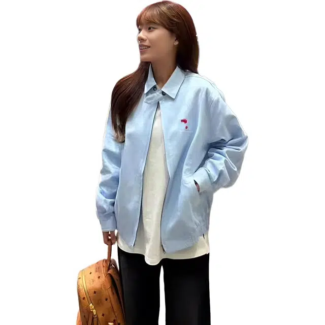 邓大喵 美式复古外套女春秋韩系小个子宽松百搭开春刺绣上衣夹克 女款