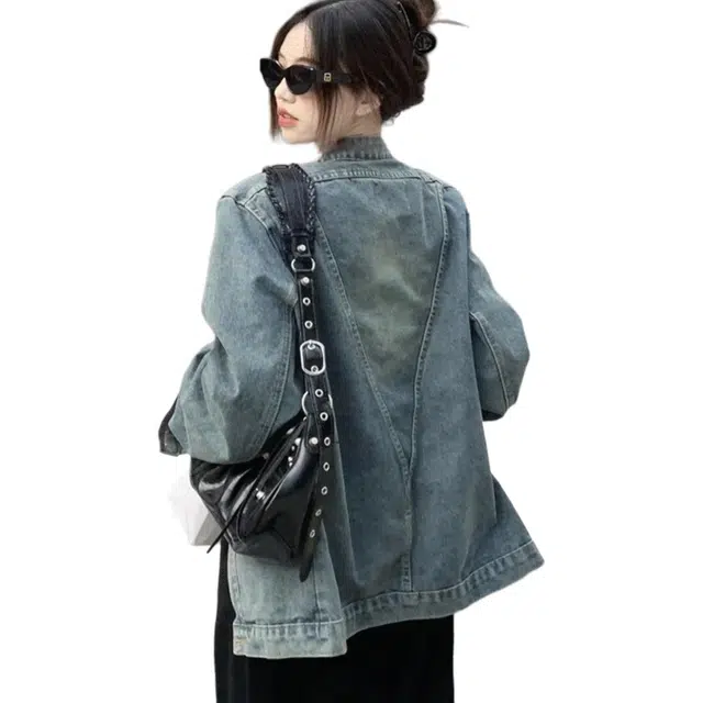 邓大喵 美式复古高级感怀旧女春秋设计感宽松夹克上衣服牛仔外套 女款