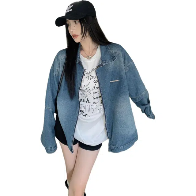 邓大喵 美式复古水洗做旧拉链男女春秋街头宽松休闲小众牛仔外套 女款