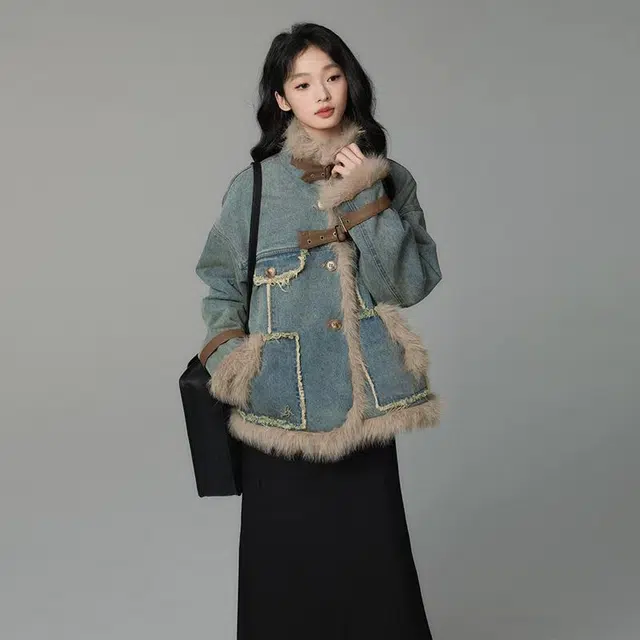 邓大喵 法式复古毛毛牛仔女秋冬季宽松设计时尚通勤文艺百搭上衣外套 女款