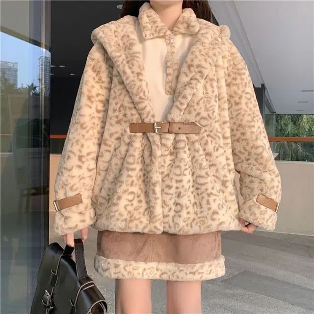 邓大喵 三件套小奶豹系列鹿皮绒半身裙加绒短款豹纹卫衣连帽皮草外套裙套装 女款