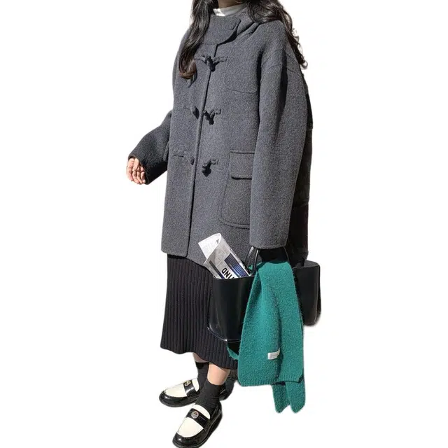 邓大喵 秋冬连帽牛角扣双面毛呢女小个子百搭减龄外套好看大衣 女款
