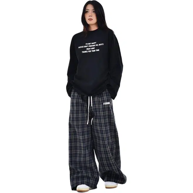 邓大喵 美式复古格子阔腿裤女高腰宽松直筒垂感拖地长裤子休闲裤 女款