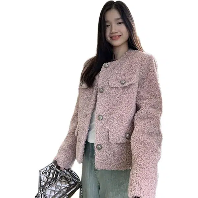 邓大喵 短女秋冬洋气减龄短款毛绒小香风高级外穿加厚上衣外套 女款