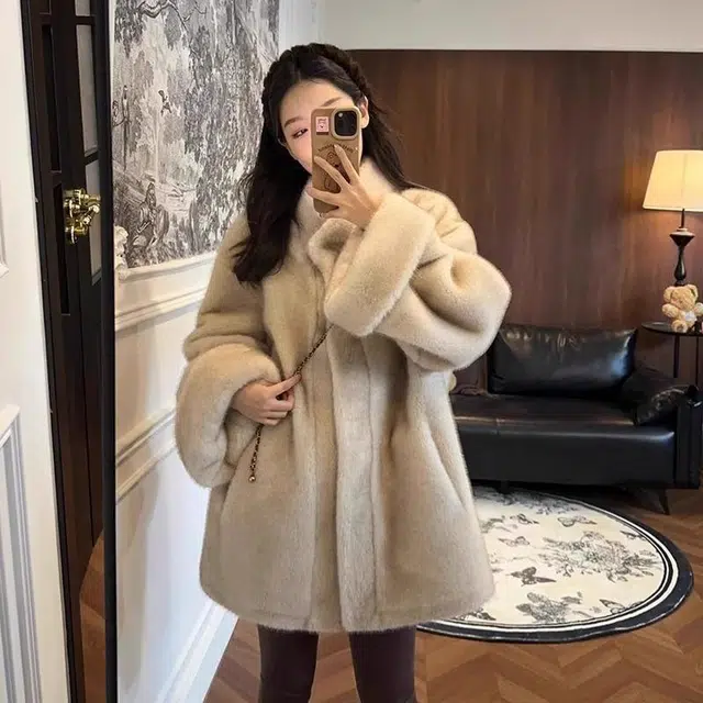 邓大喵 仿水貂毛绒中长款立领皮毛一体韩版挽袖冬季毛外套女皮草 女款