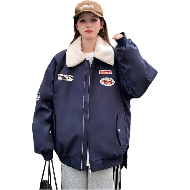 邓大喵 美式加棉加厚外套女秋冬翻领拼色绣标宽松保暖棉服棒球服 女款