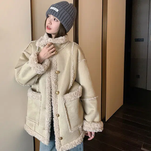 邓大喵 美拉德韩系宽松休闲羊羔毛外套女秋冬季加厚皮毛一体大衣皮草 女款