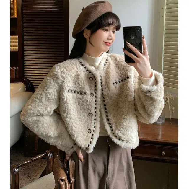 邓大喵 小香风仿羊羔毛毛短外套女秋冬季小个子宽松保暖加厚毛绒上衣皮草 女款