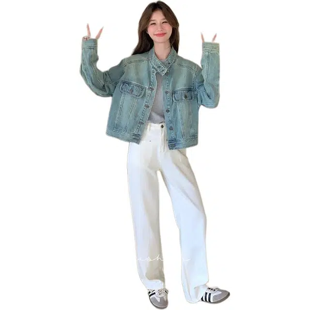 邓大喵 女春秋韩系简约经典美式百搭小个子夹克上衣牛仔外套 女款