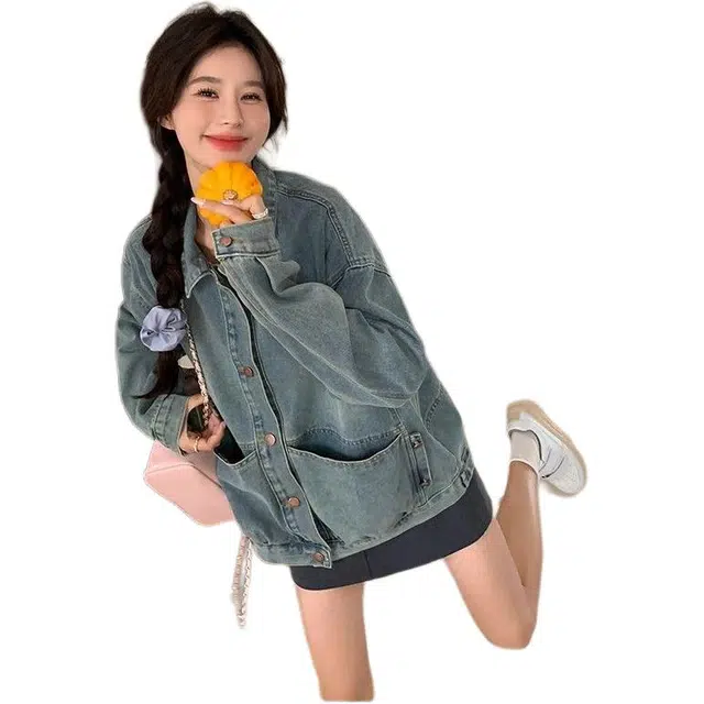 邓大喵 韩版气质宽松休闲女春季设计感洋气减龄夹克上衣牛仔外套 女款