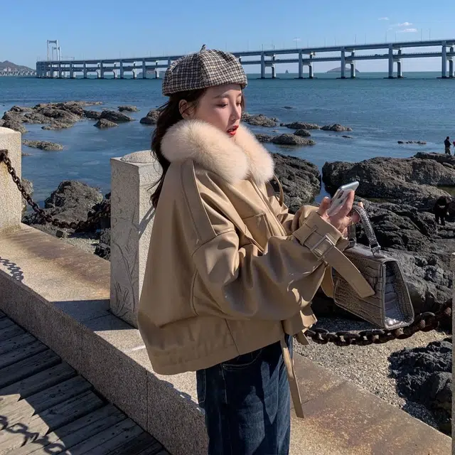 邓大喵 外套女秋冬大码宽松加绒加厚小个子短款棉服皮衣 女款
