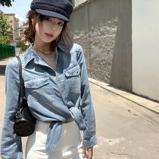 邓大喵 美式翻领衬衫衬衣外搭上衣牛仔外套 女款