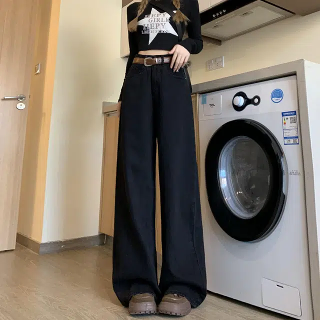 邓大喵 美式高 个子加长阔腿女秋高腰百搭显瘦垂感拖地裤牛仔裤 女款