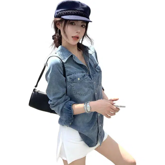 邓大喵 美式翻领衬衫衬衣外搭上衣牛仔外套 女款