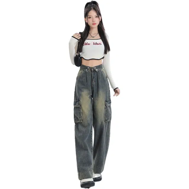 邓大喵 美式翻边直筒女春季美拉德复古工装裤阔腿裤长裤牛仔裤 女款