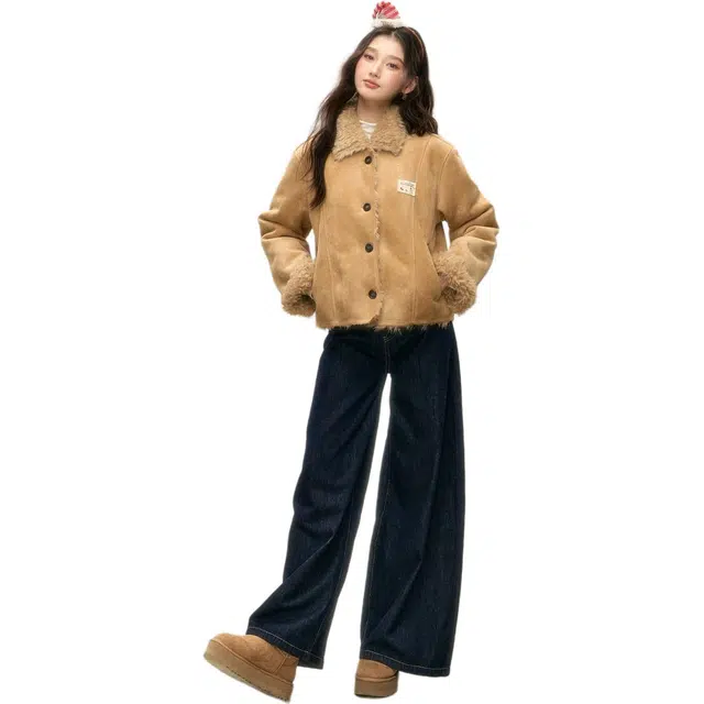 邓大喵 秋冬皮毛一体女韩系通勤麂皮绒保暖加厚短款上衣外套 女款