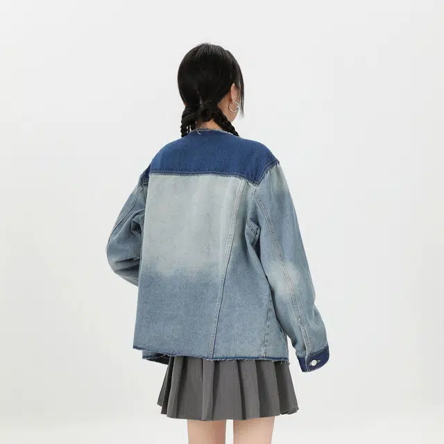 邓大喵 韩系街头个性拼色女秋季设计感小众宽松显瘦夹克上衣牛仔外套 女款