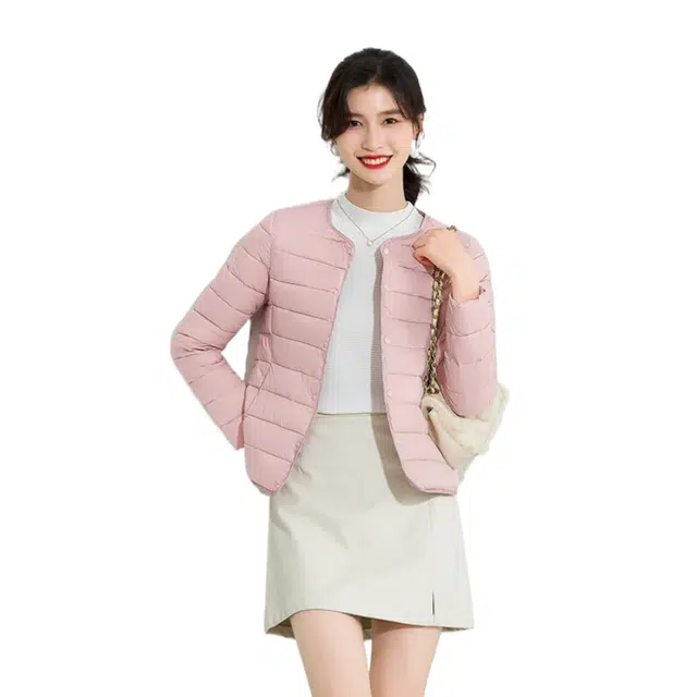 邓大喵 圆领修身打底纯色保暖时尚舒适长袖棉服 女款 粉色