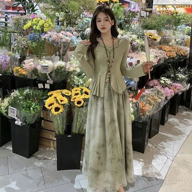 邓大喵 新中式长袖开衫吊带细腰半身裙裙装套装 女款