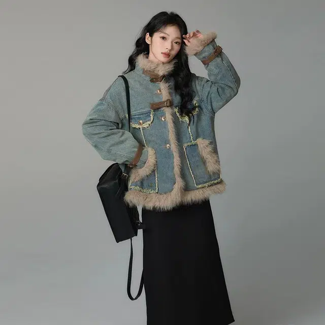 邓大喵 法式复古毛毛牛仔女秋冬季宽松设计时尚通勤文艺百搭上衣外套 女款