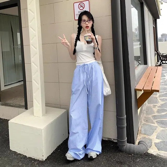 邓大喵 韩系长裤慵懒竖条纹阔腿裤高腰宽松拖地裤休闲裤 女款
