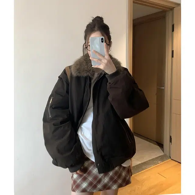 邓大喵 秋冬季美式复古毛领拼接外套女宽松百搭夹克加厚保暖上衣棉服 女款