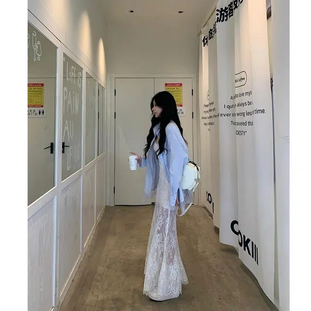邓大喵 宽松百搭时尚设计感蕾丝拼接长袖衬衫小众蕾丝长款连衣裙裙装套装 女款