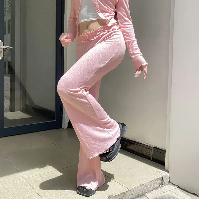 邓大喵 甜美粉色褶皱腰头拼接蝴蝶结长裤百搭居家可外穿直筒裤休闲裤 女款