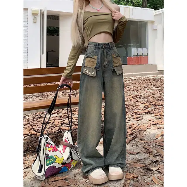 邓大喵 复古破洞女秋季不规则设计感高腰显瘦阔腿拖地长裤牛仔裤 女款