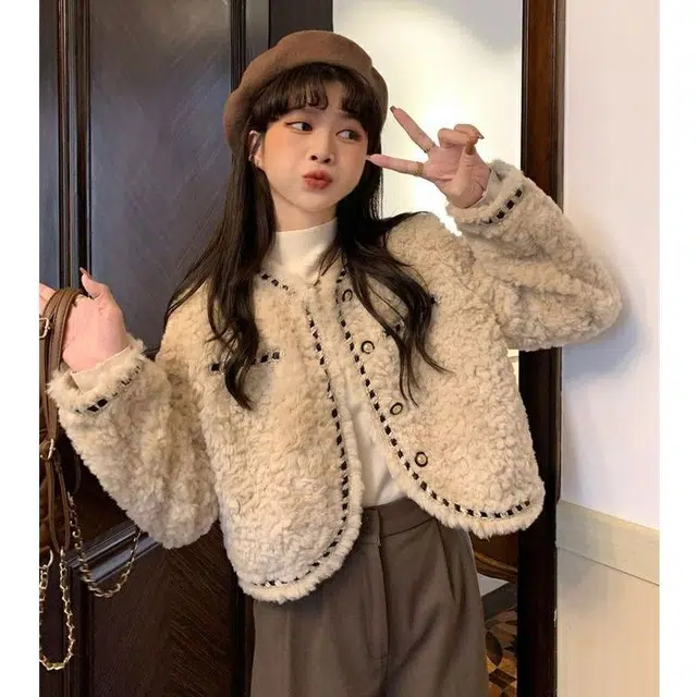 邓大喵 小香风仿羊羔毛毛短外套女秋冬季小个子宽松保暖加厚毛绒上衣皮草 女款