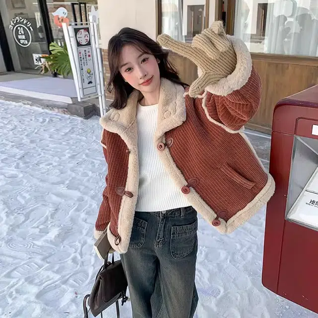 邓大喵 皮毛一体羊羔毛短外套冬季加绒加厚保暖灯芯绒女秋冬穿搭棉服 女款