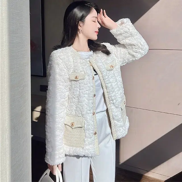 邓大喵 小香风羊羔毛女冬季短款韩系百搭气质夹棉保暖羊剪绒毛毛上衣外套 女款