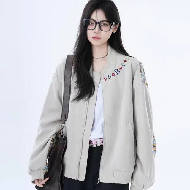 邓大喵 秋季美式民族风织带拼接女设计感小众宽松外套潮夹克 女款
