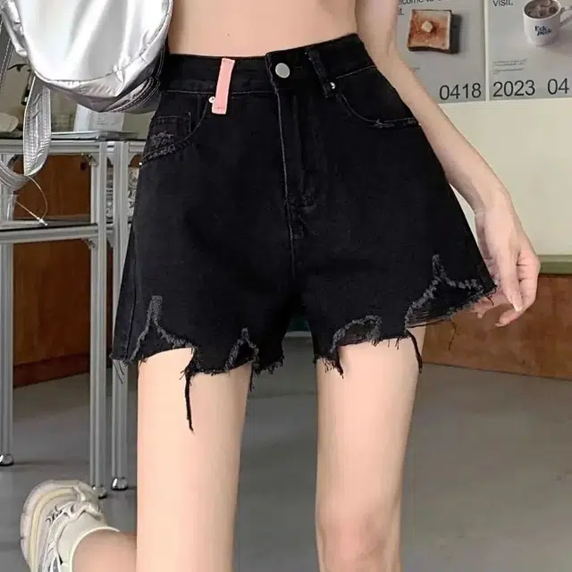 邓大喵 破洞高腰显瘦修身热裤牛仔短裤 女款