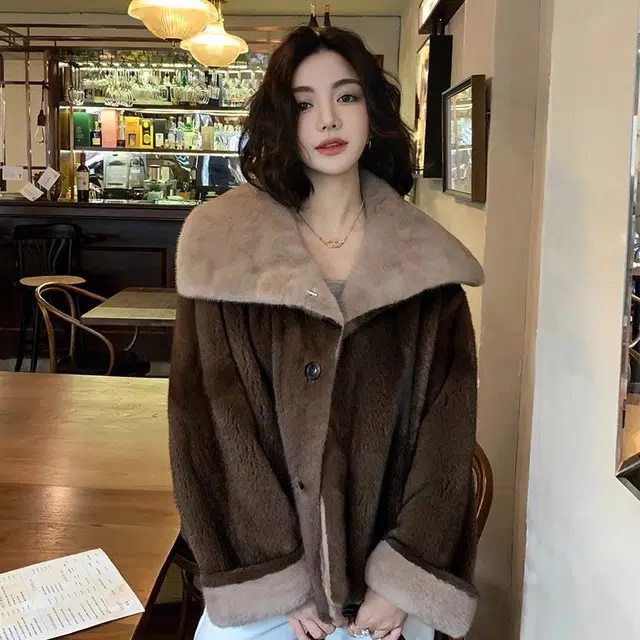 邓大喵 环保仿水貂毛毛外套女拼接貂绒翻领年轻宽松年冬季秋冬穿搭皮草 女款
