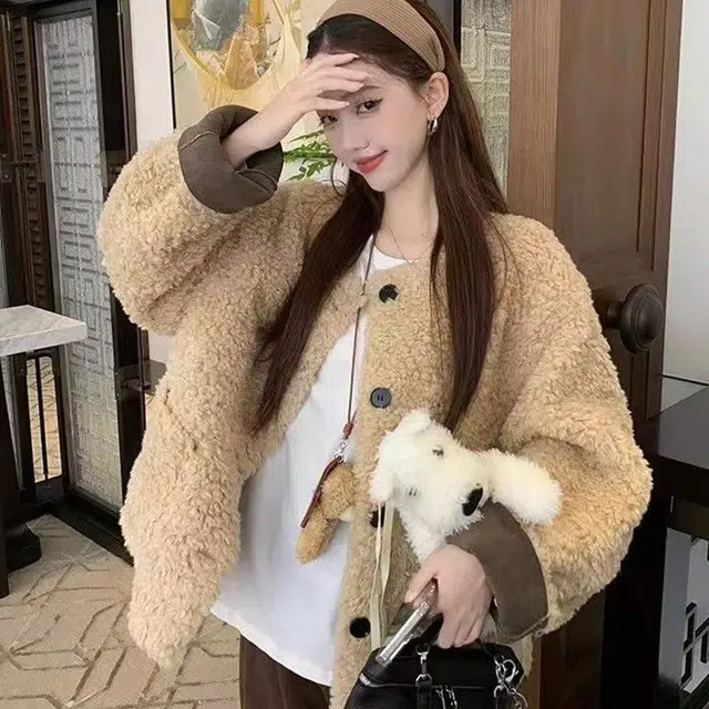 邓大喵 慵懒风环保羊羔毛外套女秋冬季短款宽松加厚皮毛一体休闲减龄上衣皮草 女款