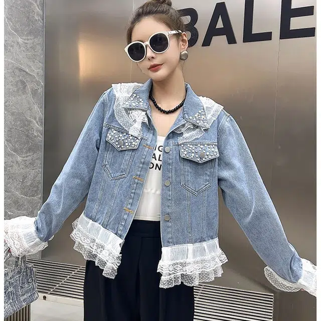 邓大喵 超好看漂亮钉珠女春秋设计感时尚蕾丝边夹克上衣牛仔外套 女款