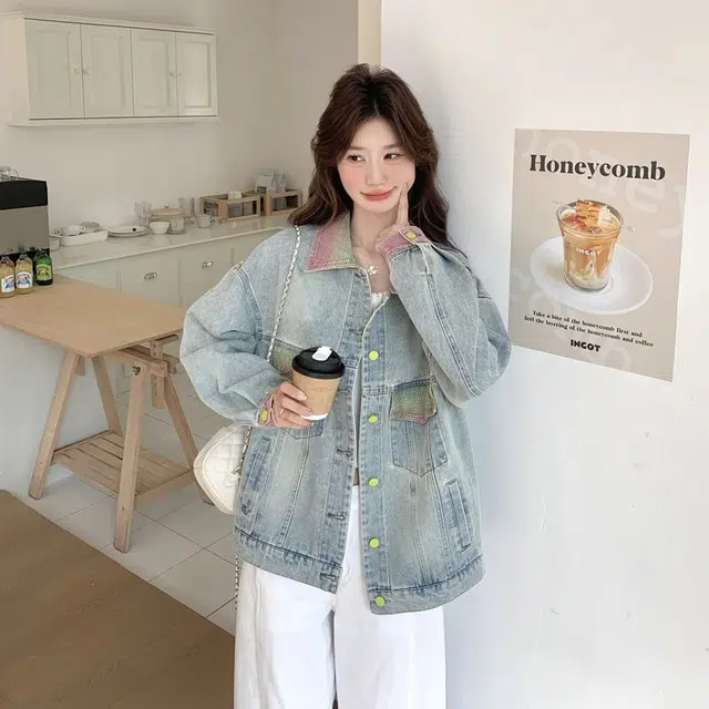 邓大喵 渐变色做旧女春季小个子设计感宽松炸街夹克上衣牛仔外套 女款