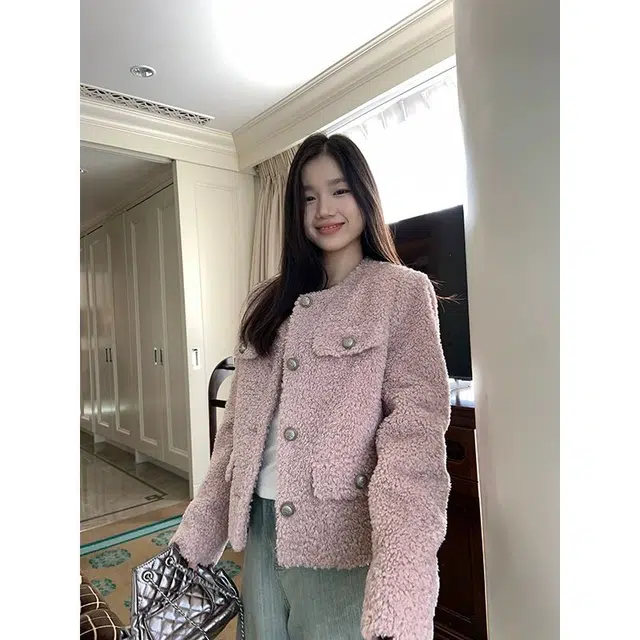 邓大喵 短女秋冬洋气减龄短款毛绒小香风高级外穿加厚上衣外套 女款