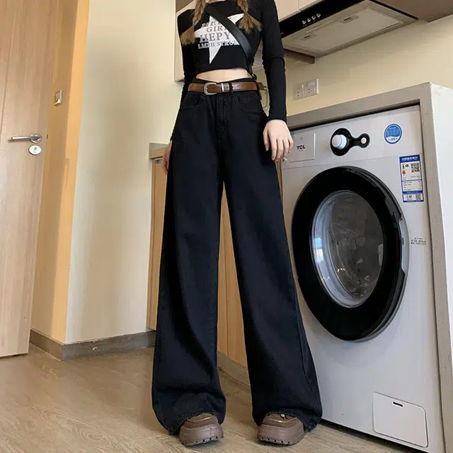 邓大喵 美式高 个子加长阔腿女秋高腰百搭显瘦垂感拖地裤牛仔裤 女款