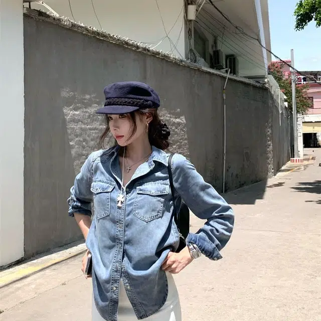 邓大喵 美式翻领衬衫衬衣外搭上衣牛仔外套 女款