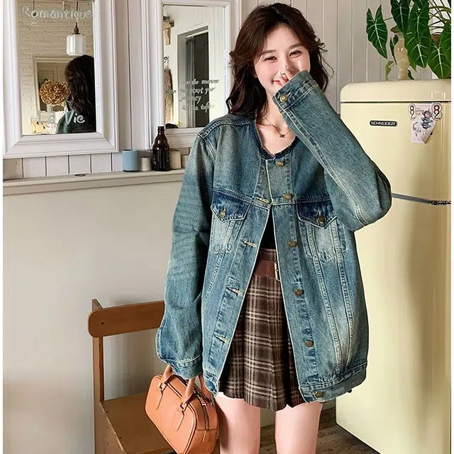 邓大喵 超好看圆领女春秋宽松港风复古做旧休闲百搭上衣牛仔外套 女款