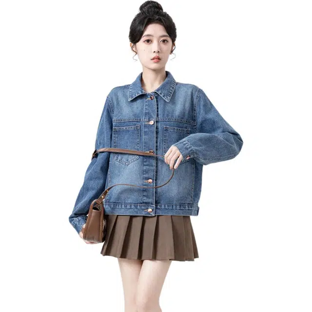 邓大喵 女春秋复古水洗宽松显瘦百搭港味休闲设计感上衣女牛仔外套 女款