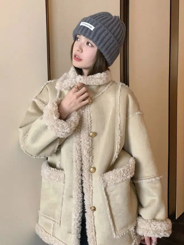邓大喵 美拉德韩系宽松休闲羊羔毛外套女秋冬季加厚皮毛一体大衣皮草 女款